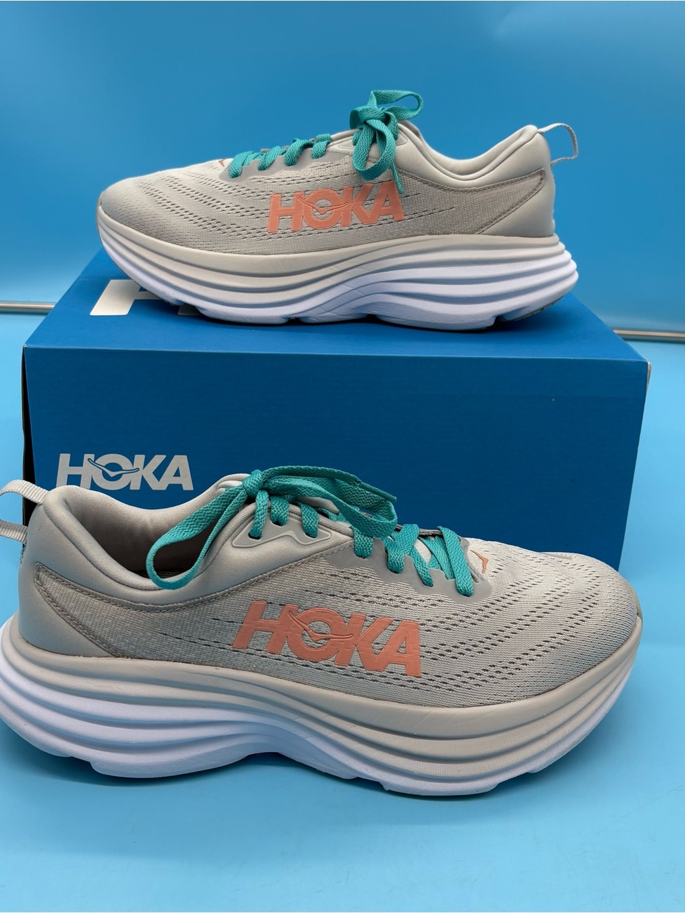 HOKA Women's Bondi 8 Running Shoe Grey  Blue Size 10D